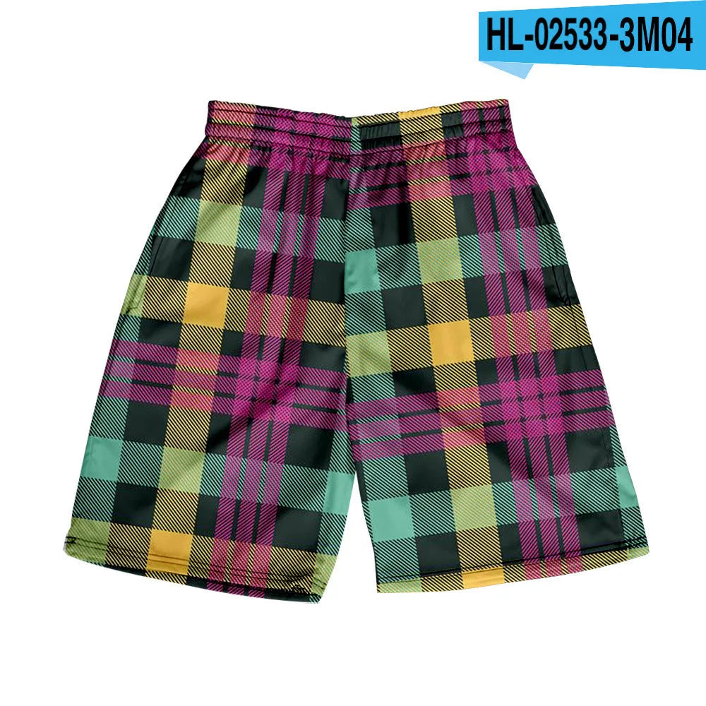 Men's polyester plaid shorts with elastic waistband in straight cut for casual wear