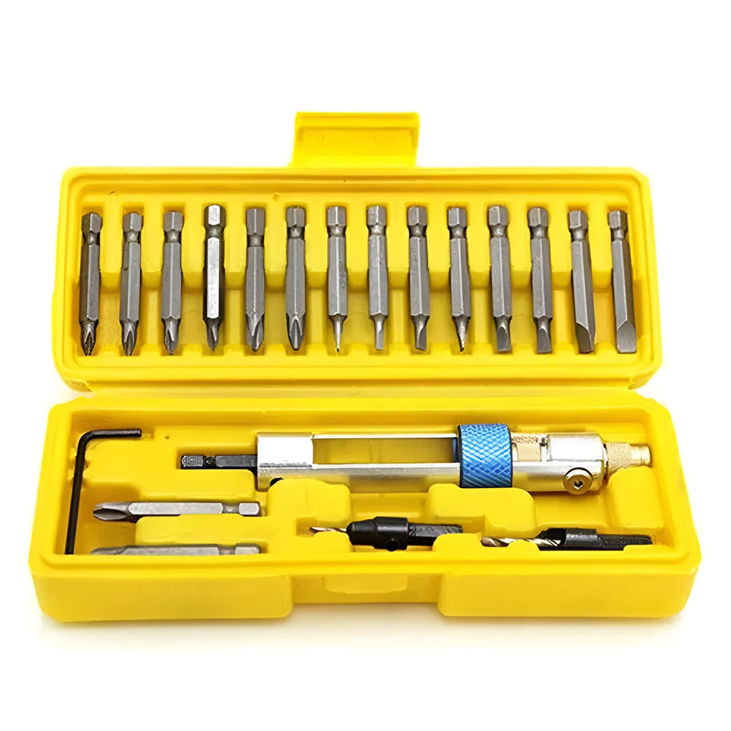 Half Time Drill driver attachment with swivel head and set of 18 Phillips, flathead, and countersink bits.