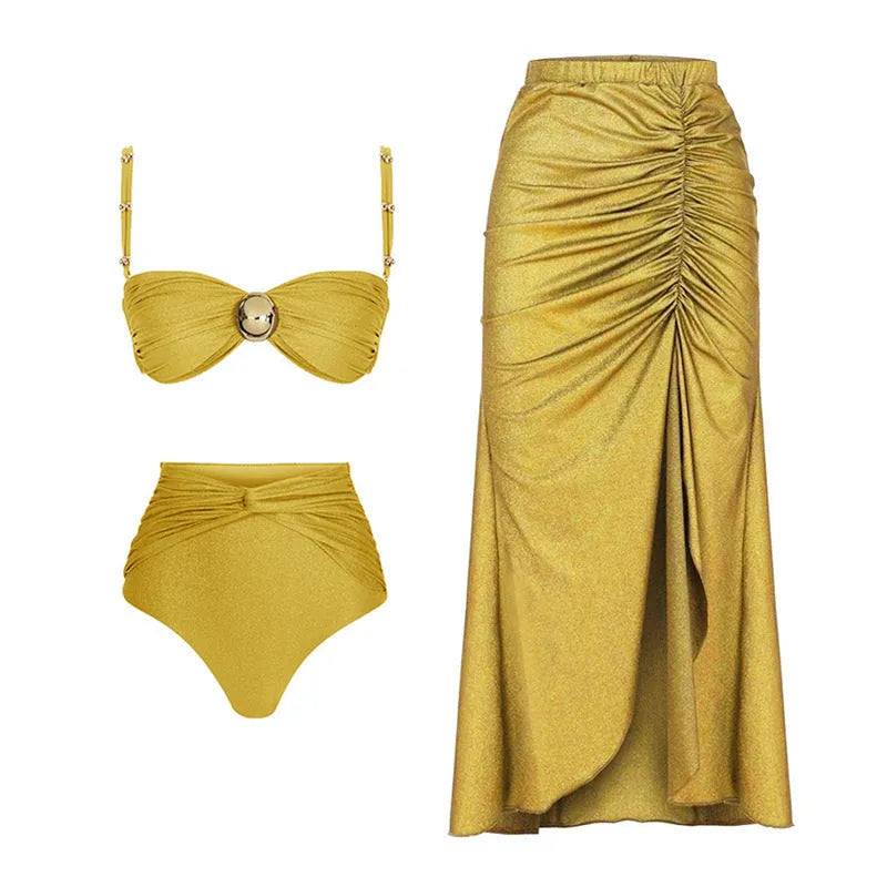 Yellow and green women's high waist split swimsuit bikini set on a mannequin.
