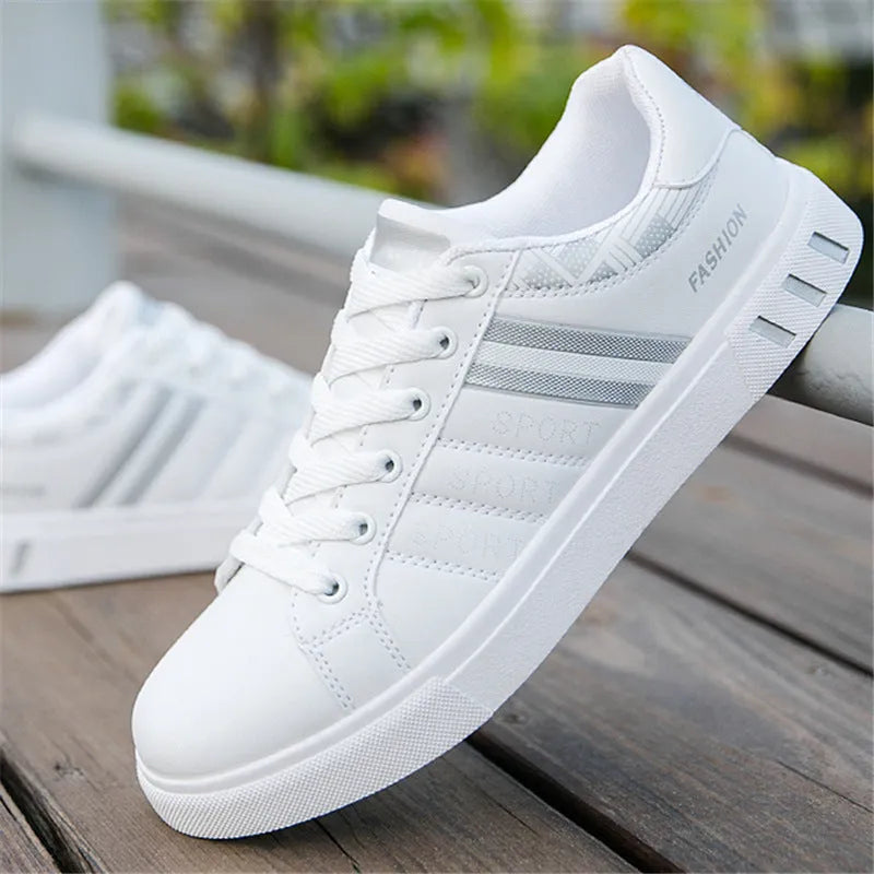 Men's sports shoes in black, grey, and white colours, showing size tags from 39 to 44.