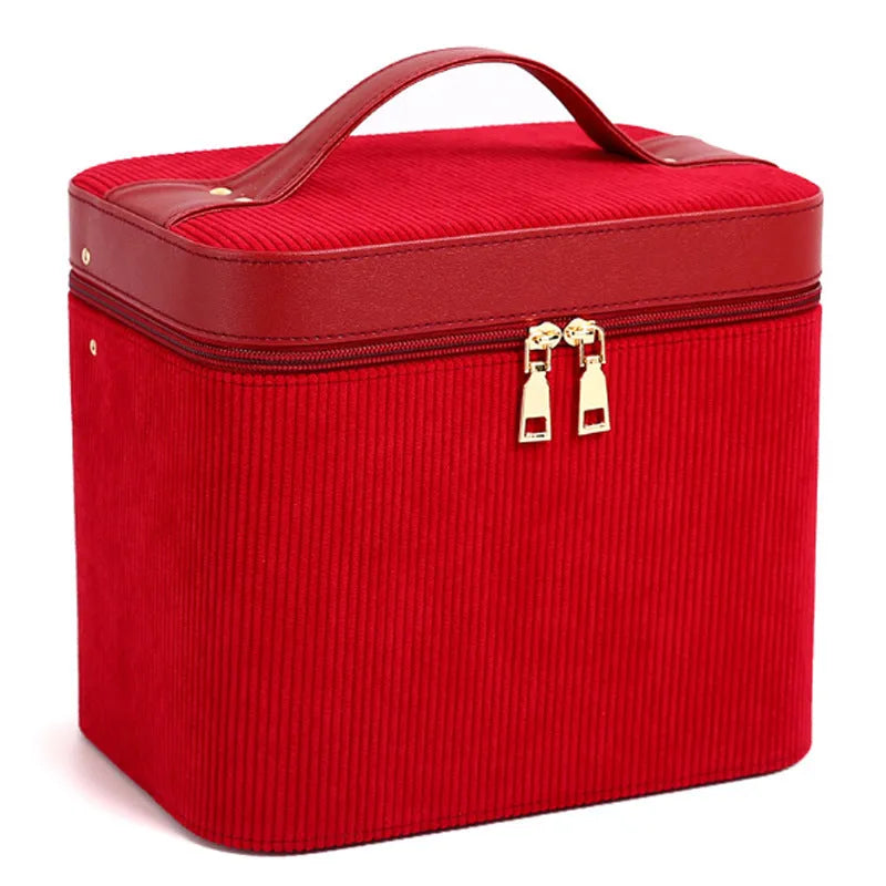 Corduroy fabric cosmetic storage box with polyester cotton lining in a choice of solid colours.