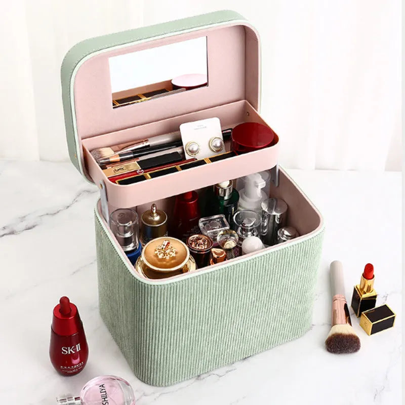 Corduroy fabric cosmetic storage box with polyester cotton lining in a choice of solid colours.
