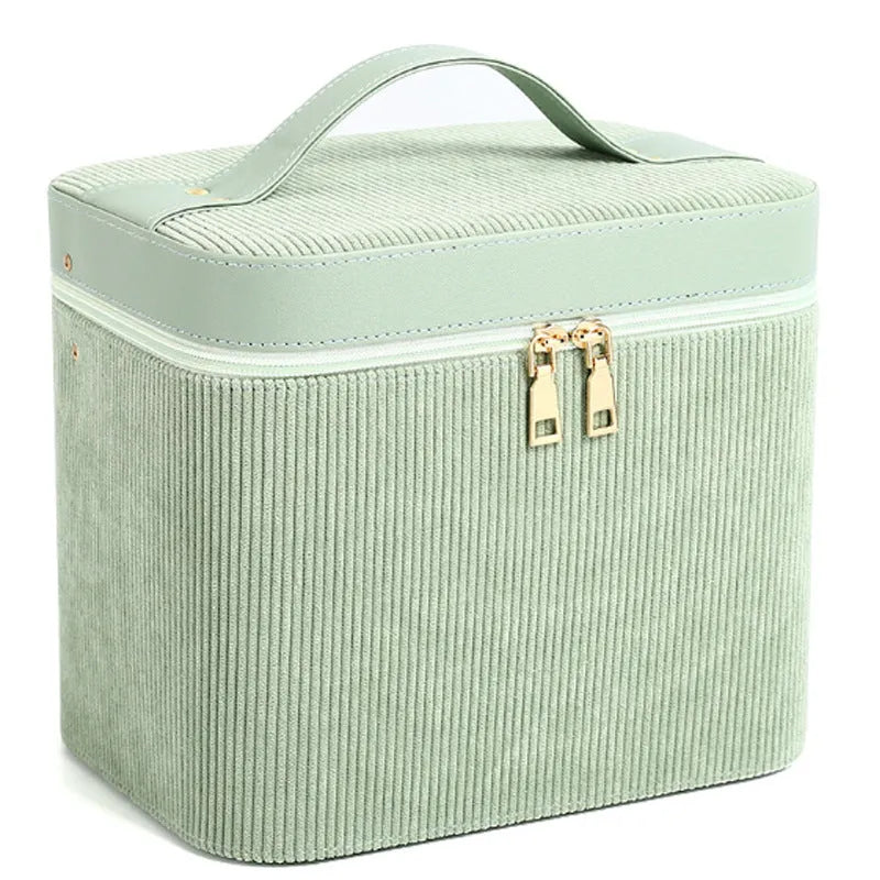 Corduroy fabric cosmetic storage box with polyester cotton lining in a choice of solid colours.