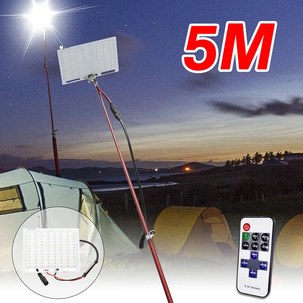White LED fishing rod light with telescopic pole extended, showing remote control