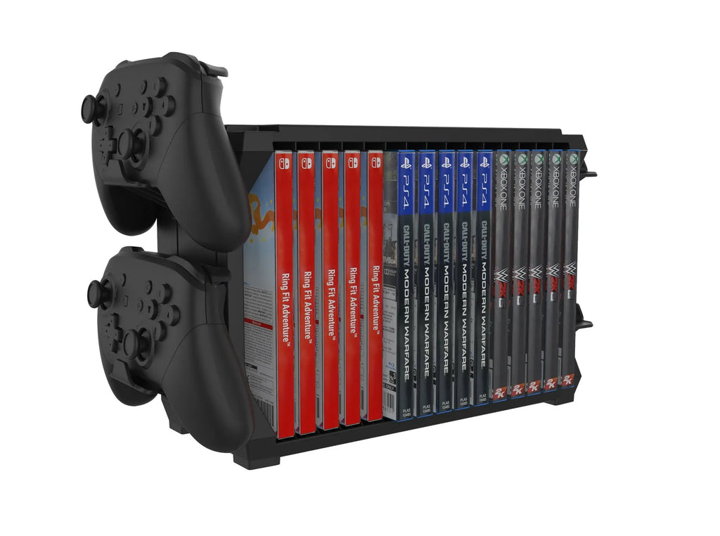 Black PS5 and Xbox Series X disc holder with four controller storage slots