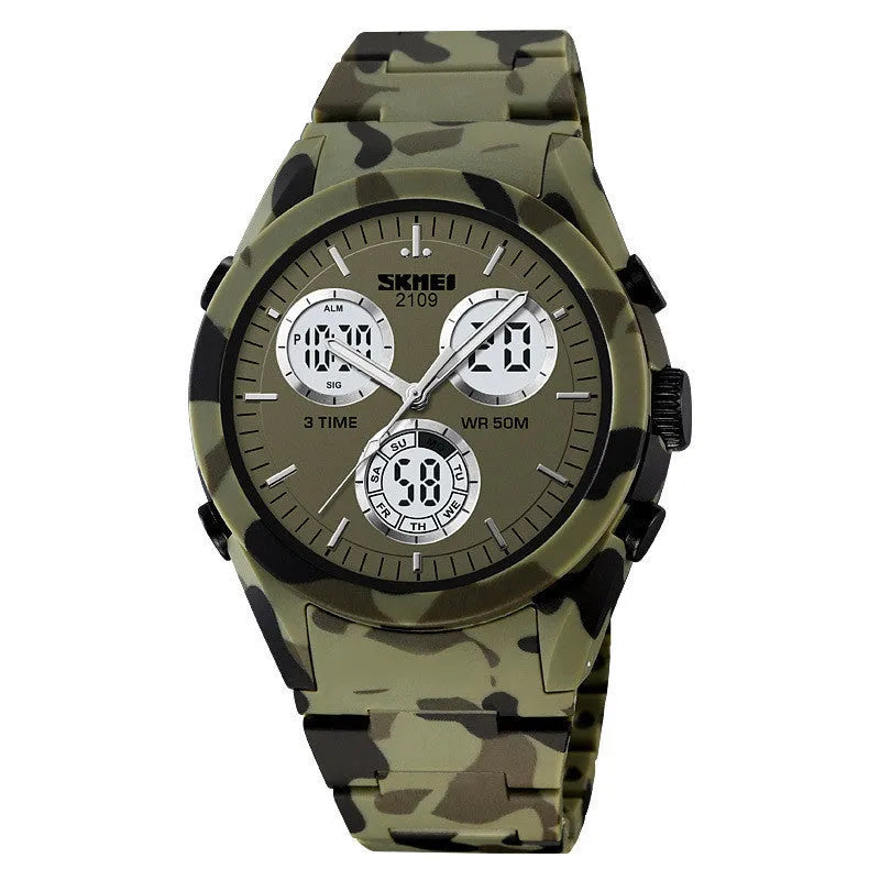 Electronic casual watch with camouflage patterned strap and resin mirror face, showing stainless steel button.