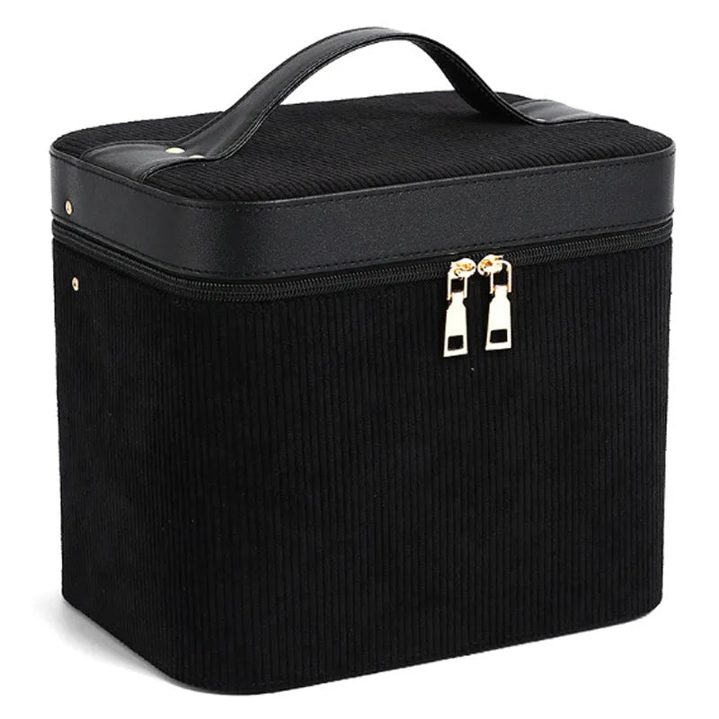 Corduroy fabric cosmetic storage box with polyester cotton lining in a choice of solid colours.
