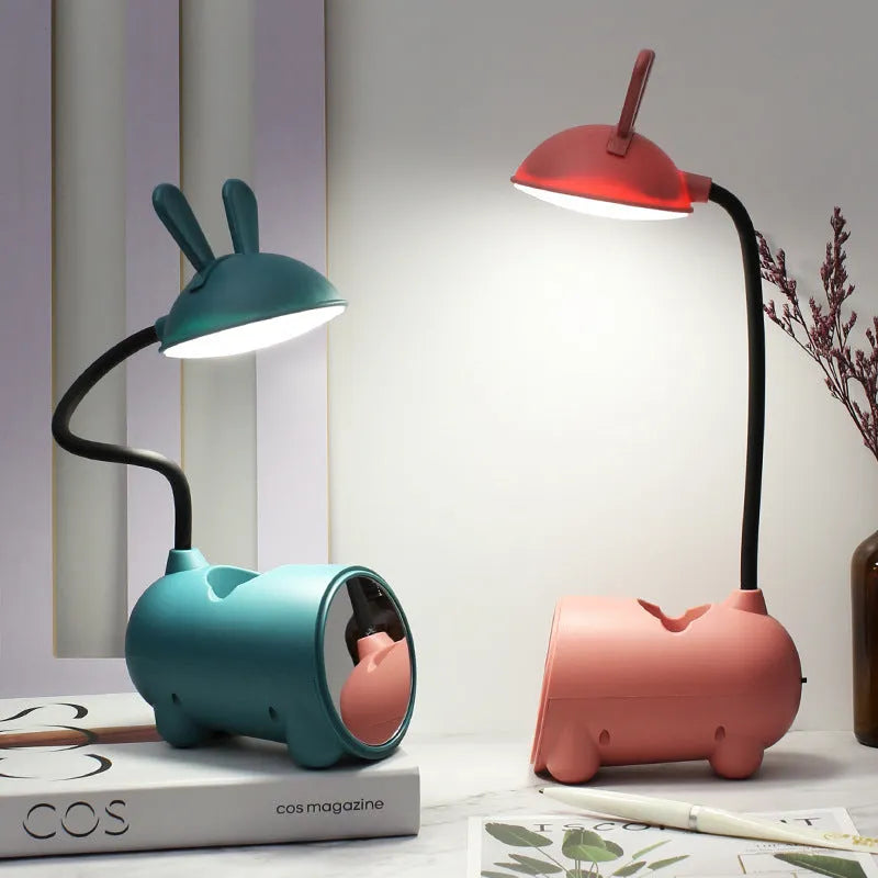 Cartoon-style USB desktop lamp with pen container in green, dark blue, or pink colour