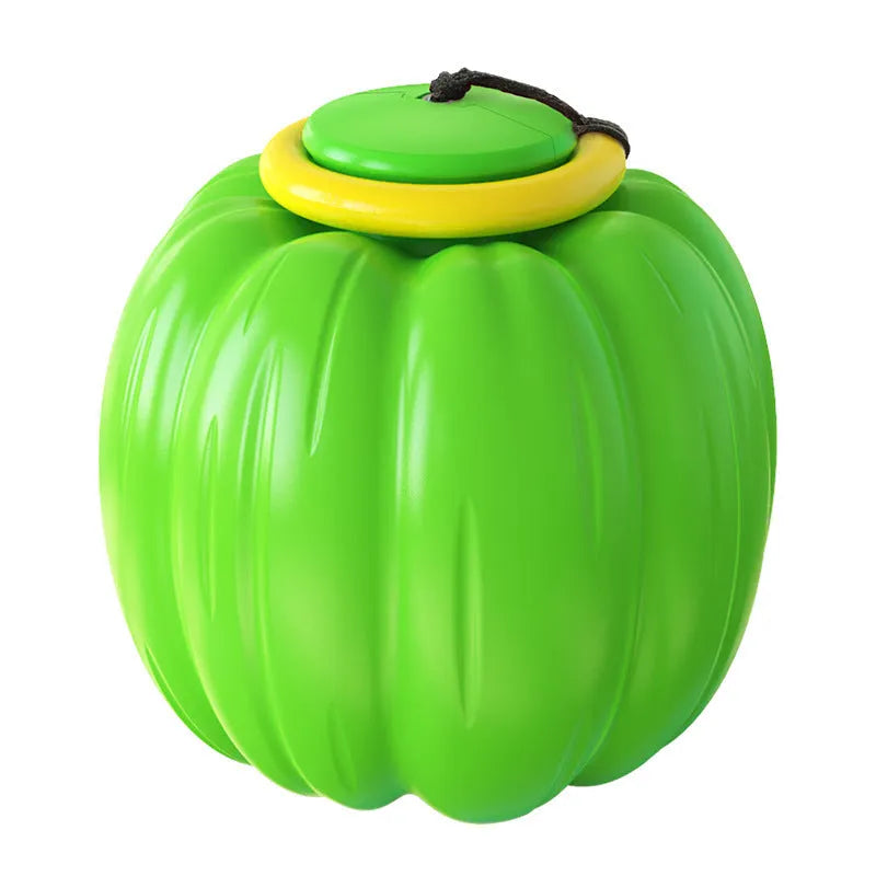Green, orange, and yellow plastic pumpkin-shaped dog toy with squeaker for small dogs