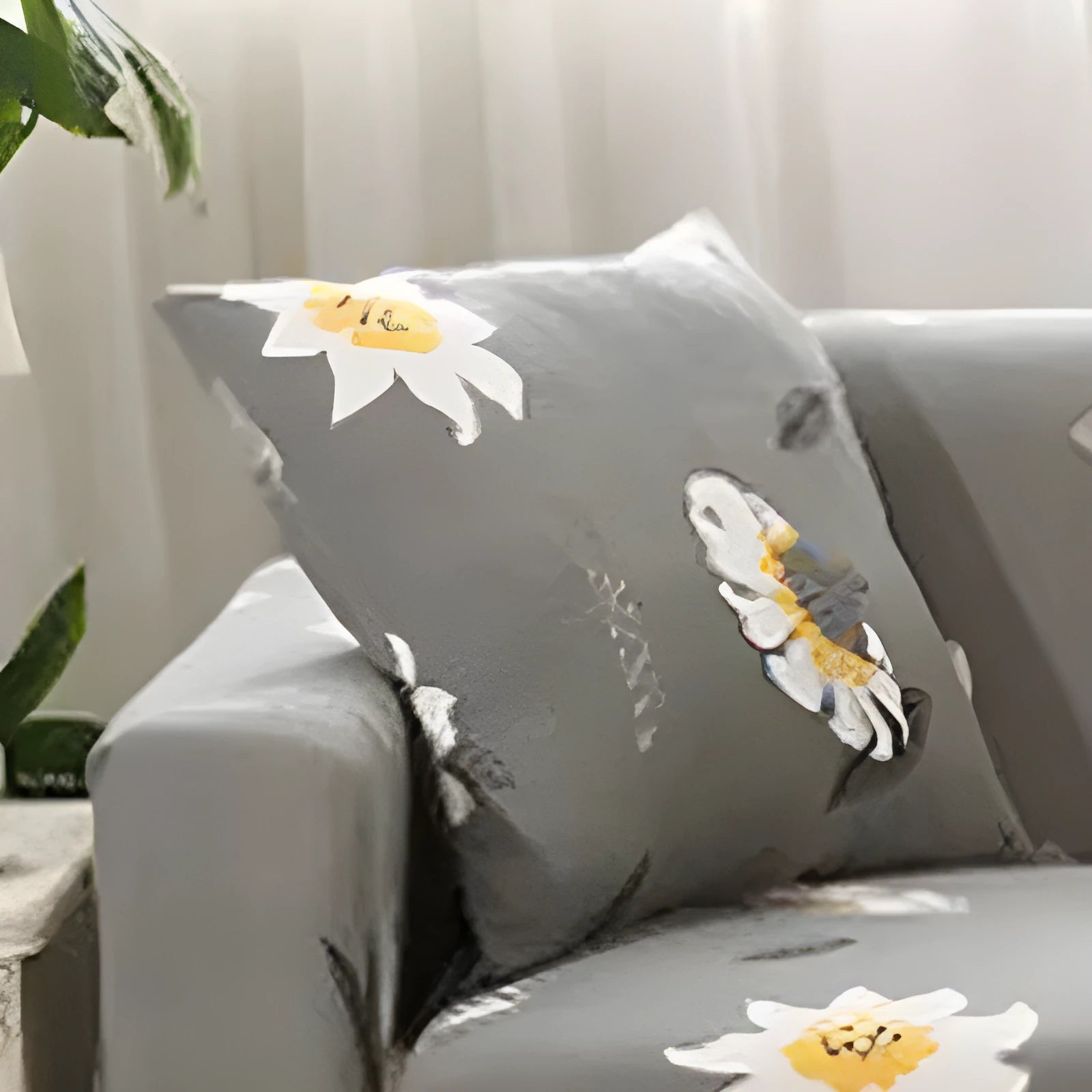 Printed stretch sofa cover with geometric pattern on three-seater sofa