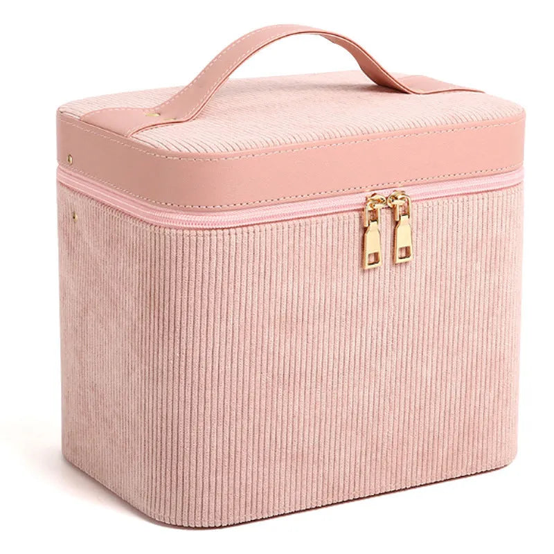 Corduroy fabric cosmetic storage box with polyester cotton lining in a choice of solid colours.