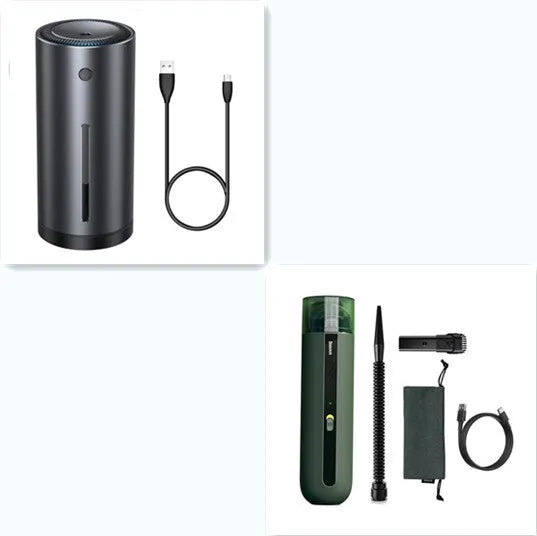 Baseus handheld wireless car vacuum cleaner in black, white, or green with blowing hose attachment