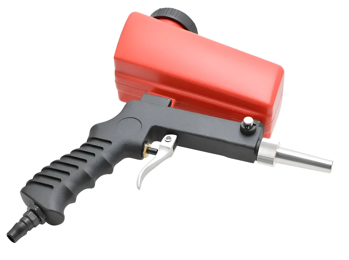 Portable black pneumatic sandblasting gun with tank and nozzle for rust removal.