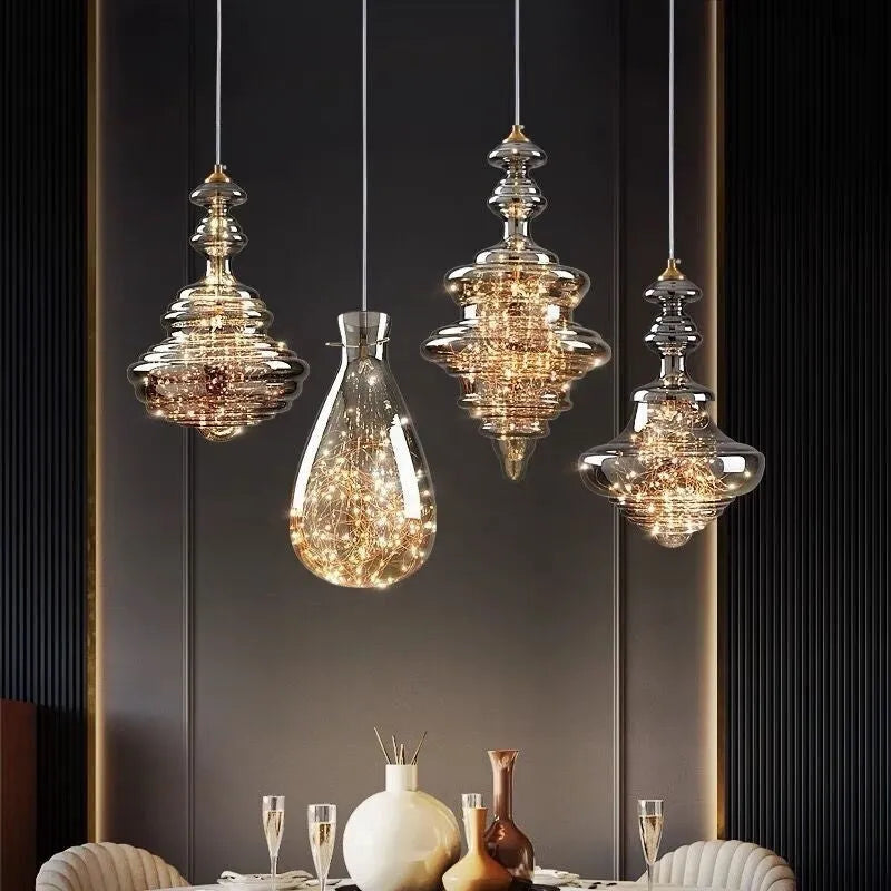 Modern glass droplight chandelier with adjustable height in contemporary lighting design