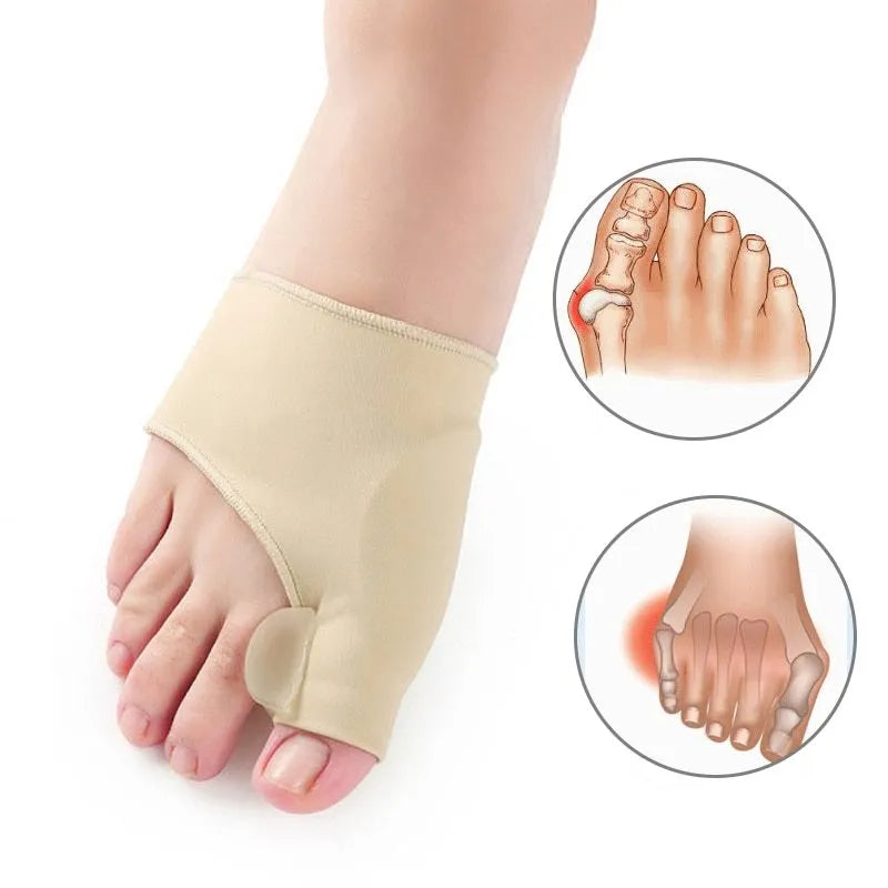 Corrective toe socks with silicone gel bunion pad and toe separator on a foot.