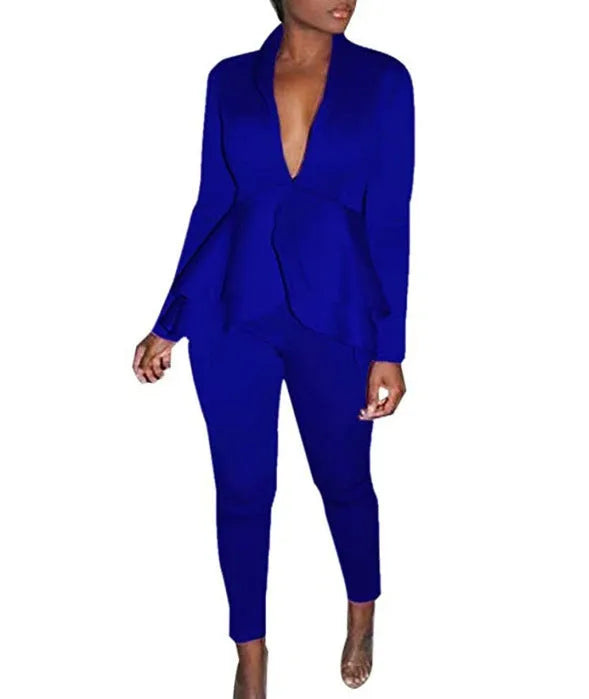 Women's white polyester business casual uniform set with ruffle blouse and pencil pants on a hanger.