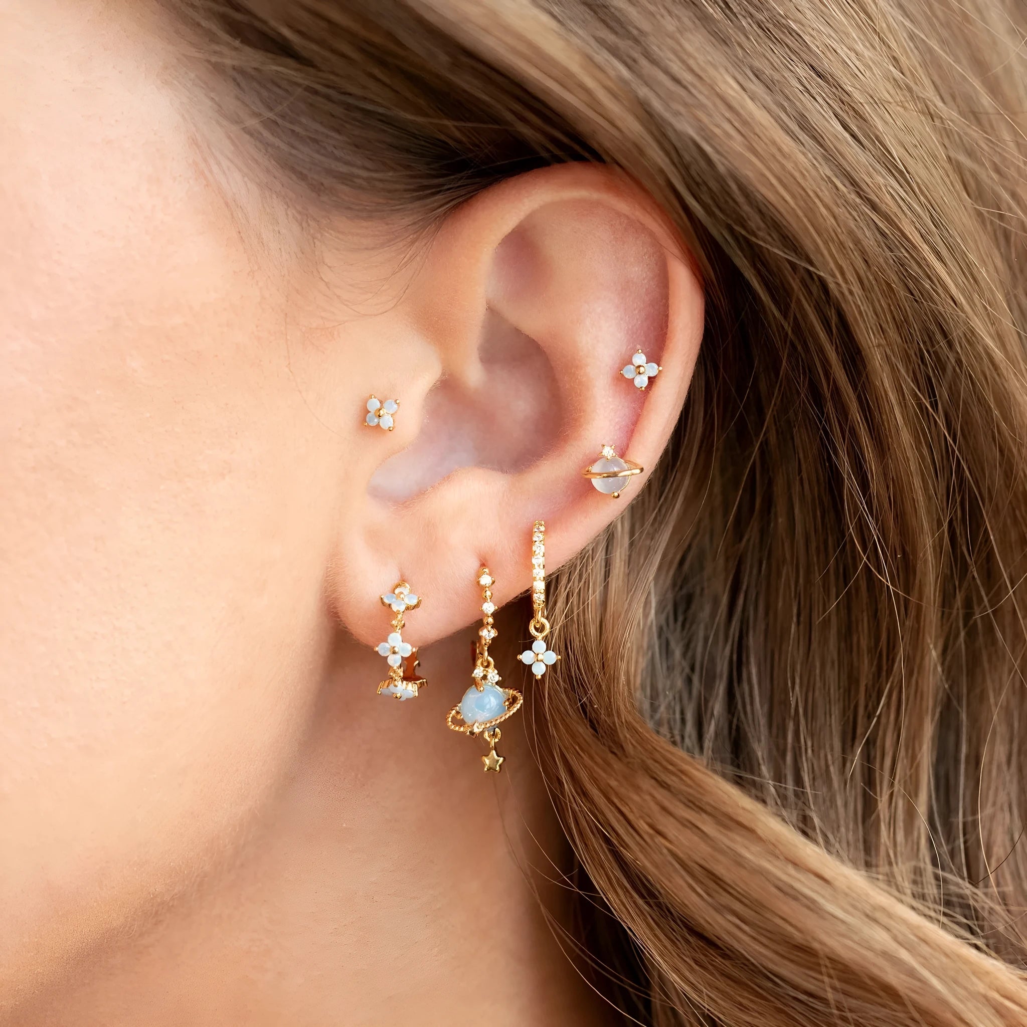 Gold or silver flower nail design ear studs with zircon mosaic accents