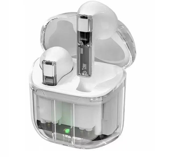 True wireless Bluetooth earphones with transparent space capsule charging case showing digital display screen