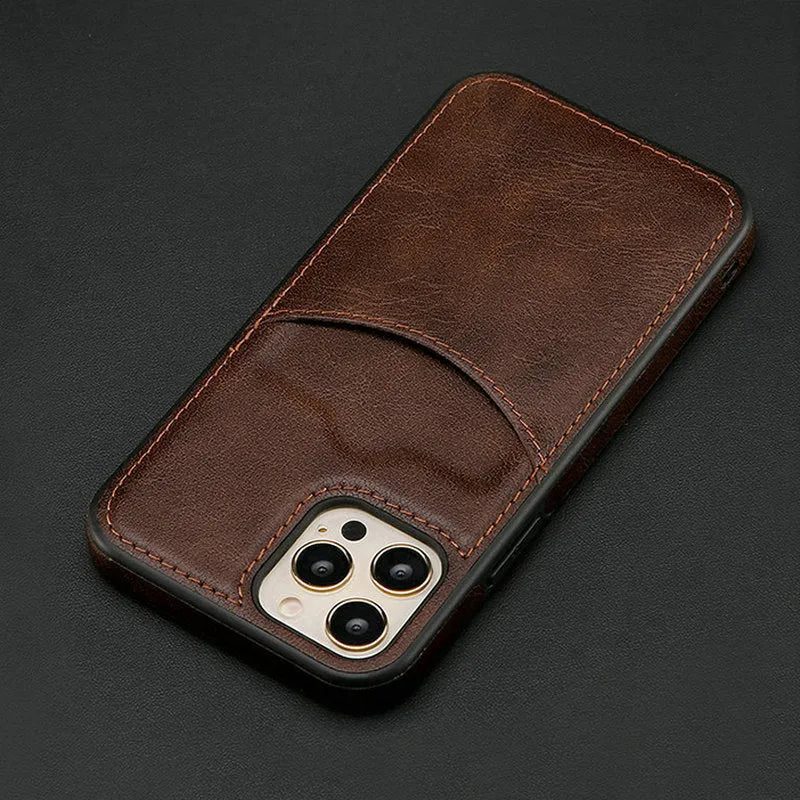 Dark blue PU leather phone case shown on an iPhone, highlighting protective edges and precise button cutouts.