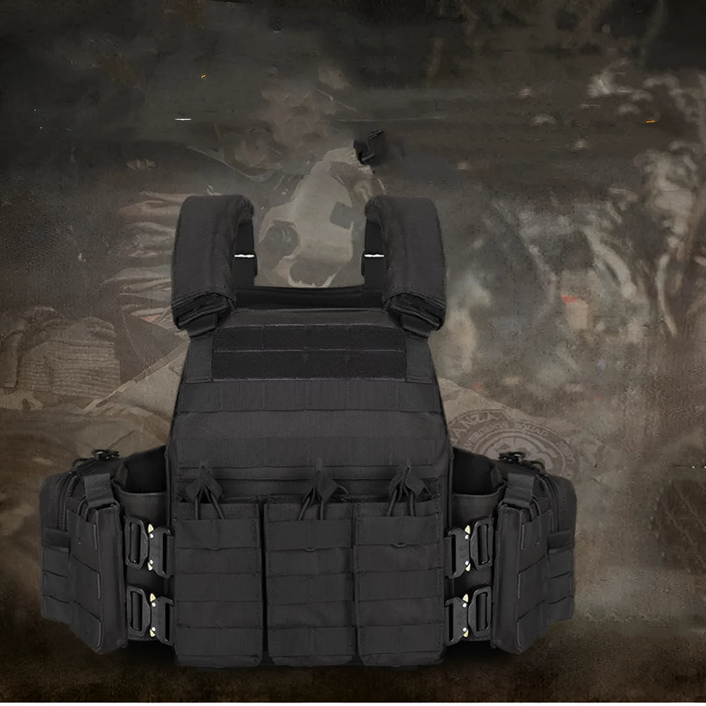 Men's camouflage tactical vest in wear-resistant polyester, shown in an outdoor setting.