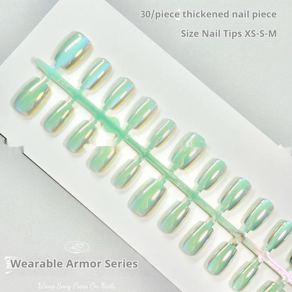 Electroplated Cat's Eye press-on nails with Aurora armour finish in short ladder XS, S, and M sizes