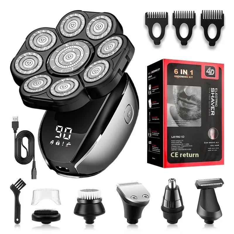 Black 6-in-1 USB rechargeable hair clipper kit with multiple attachments for personal grooming