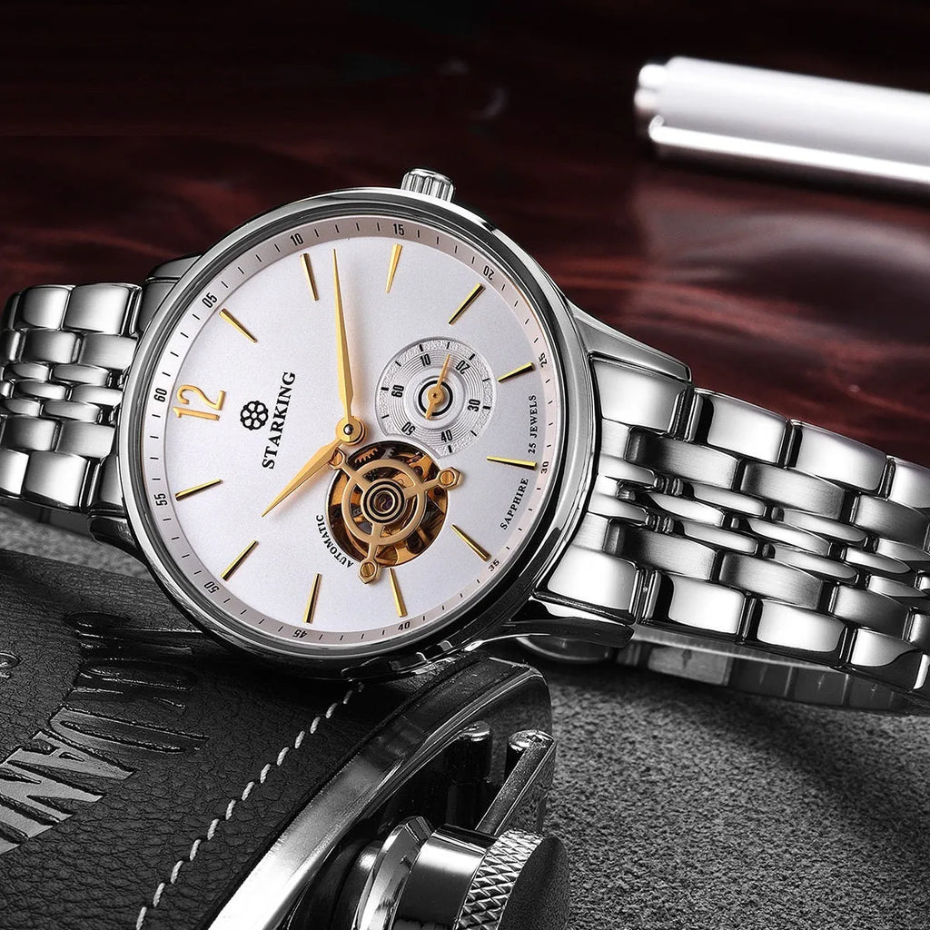 Automatic mechanical men's business watch with hollow three-needle dial and stainless steel case