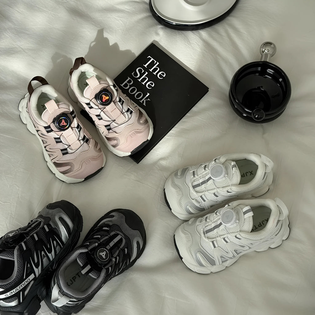 Girls casual shoes with PU leather mesh upper in black, beige or pink solid colour