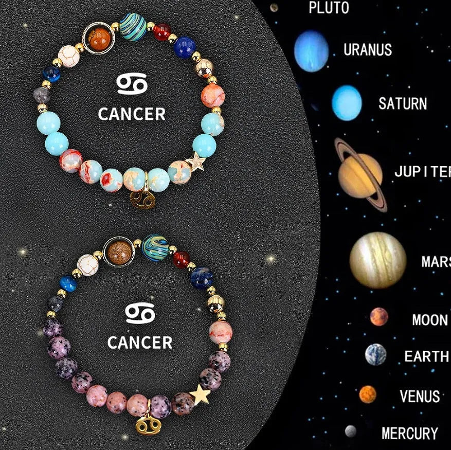 Two natural stone beaded bracelets showing zodiac sign designs for all twelve astrological symbols