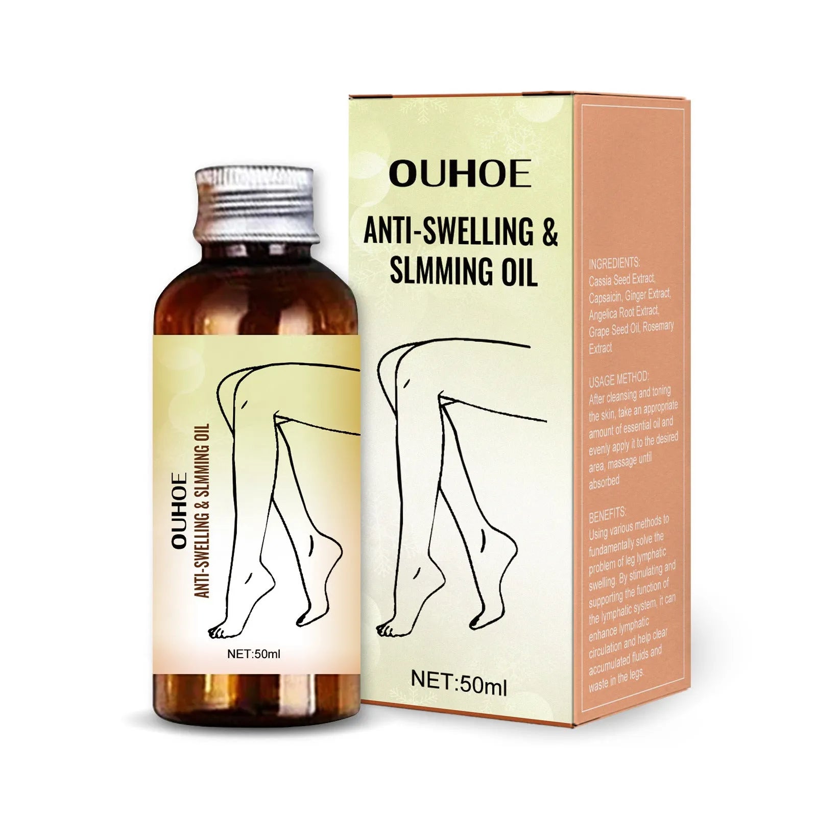 50ml bottle of botanical essential oil for body skin moisturising and leg massage.