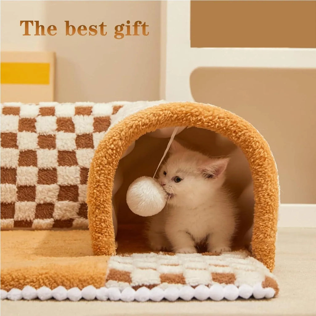 Brown plush plaid cat tunnel bed with central mat and zippered collapsible tunnel for indoor cats