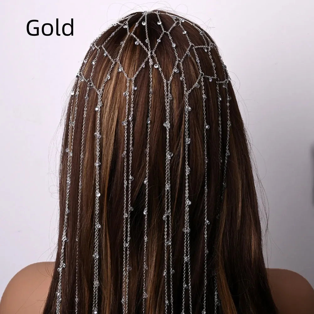 Gold or silver mesh tassel rhinestone headband hair accessory with electroplated finish