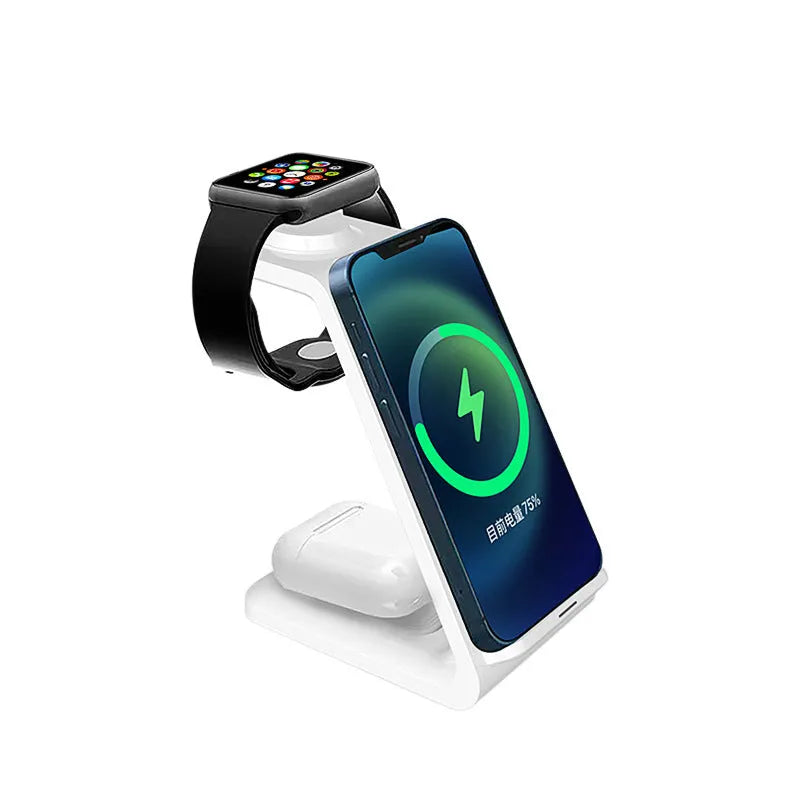 Black and white upright wireless phone charger with dual coil QC3.0 charging on desk