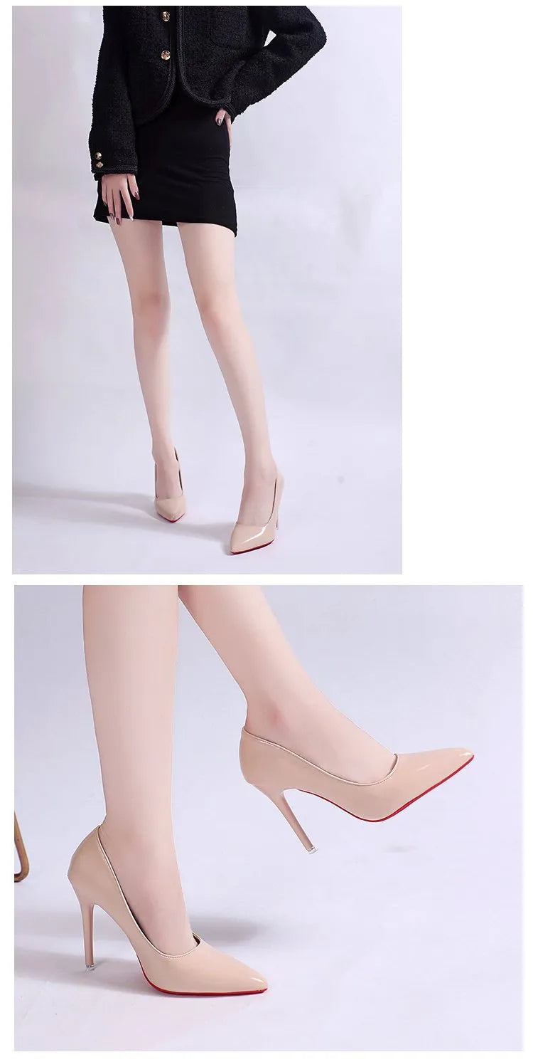 Women's solid colour stiletto heel pumps with pointed toe and shallow mouth opening