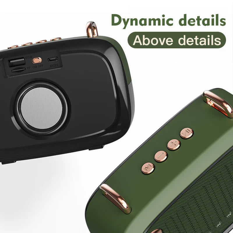 Portable mini Bluetooth speaker with USB port showing colour options: black, blue, green, grey, orange