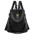 Women's black anti-theft backpack with woven detailing and multiple zipped compartments.