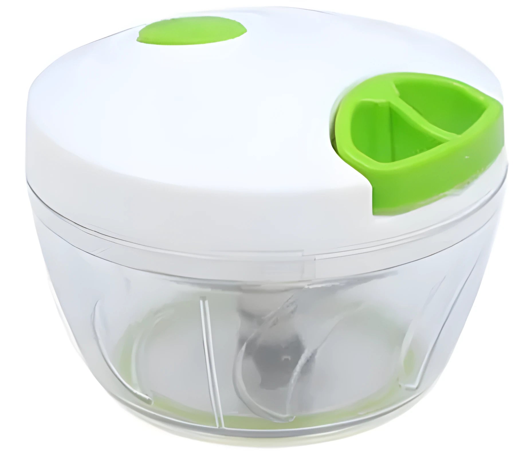 Green manual kitchen chopper with three blades and a 500ml transparent container.