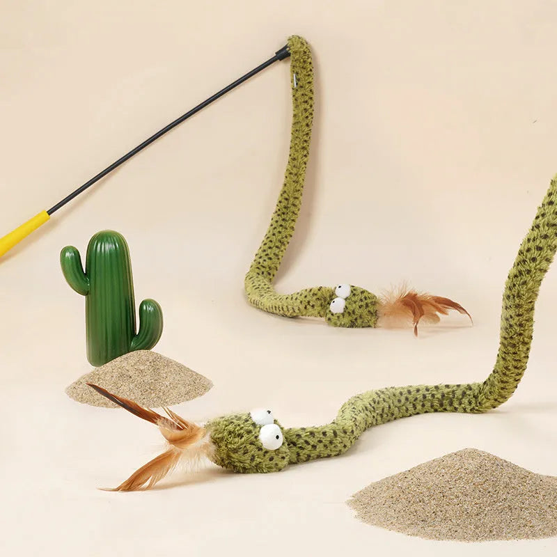 Green snake cat teasing stick with feather attachments on 140cm pole for indoor cat play