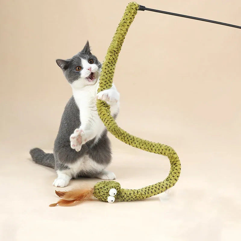Green snake cat teasing stick with feather attachments on 140cm pole for indoor cat play