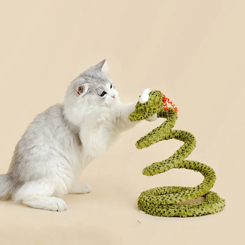 Green snake cat teasing stick with feather attachments on 140cm pole for indoor cat play