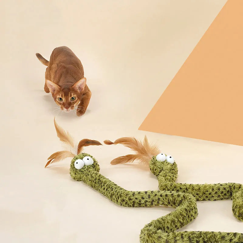 Green snake cat teasing stick with feather attachments on 140cm pole for indoor cat play