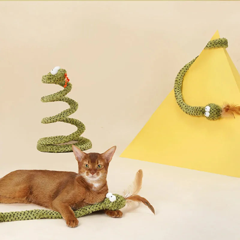 Green snake cat teasing stick with feather attachments on 140cm pole for indoor cat play