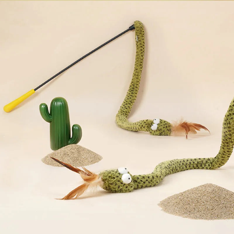 Green snake cat teasing stick with feather attachments on 140cm pole for indoor cat play