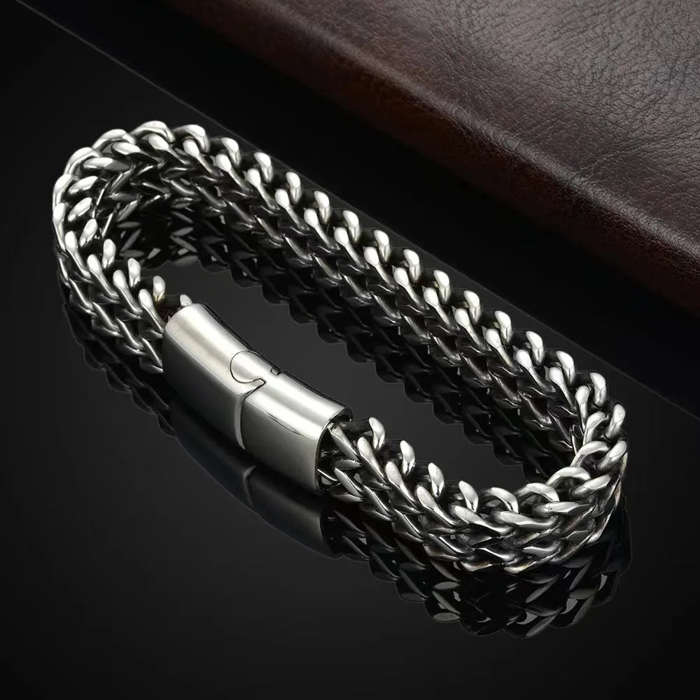Silver titanium steel hip hop bracelet with geometric design showing front and back view