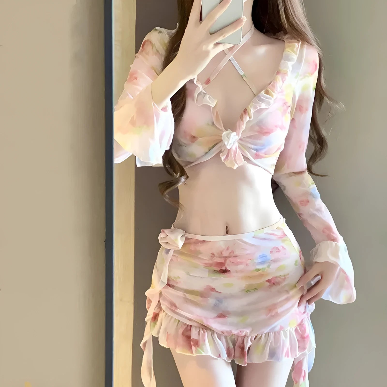 Women's cherry blossom pink floral bikini swimsuit with polyester fabric