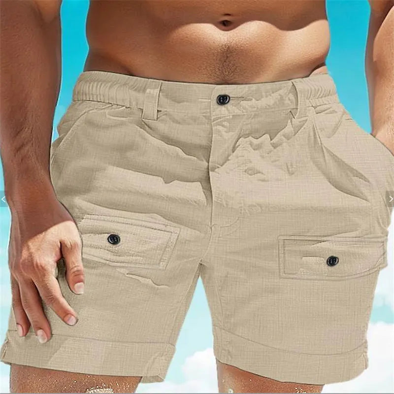Men's linen beach shorts with elastic waist and button pockets in straight cut