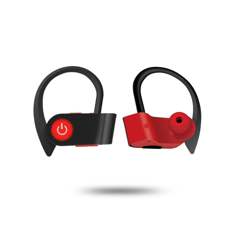 Black wireless Bluetooth earphones with ergonomic in-ear design and LED indicator light.