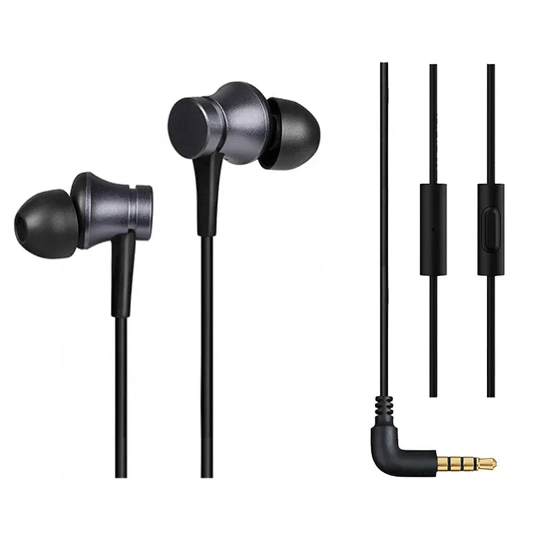 Black, blue and red piston in-ear headphones with 3.5mm wired connection