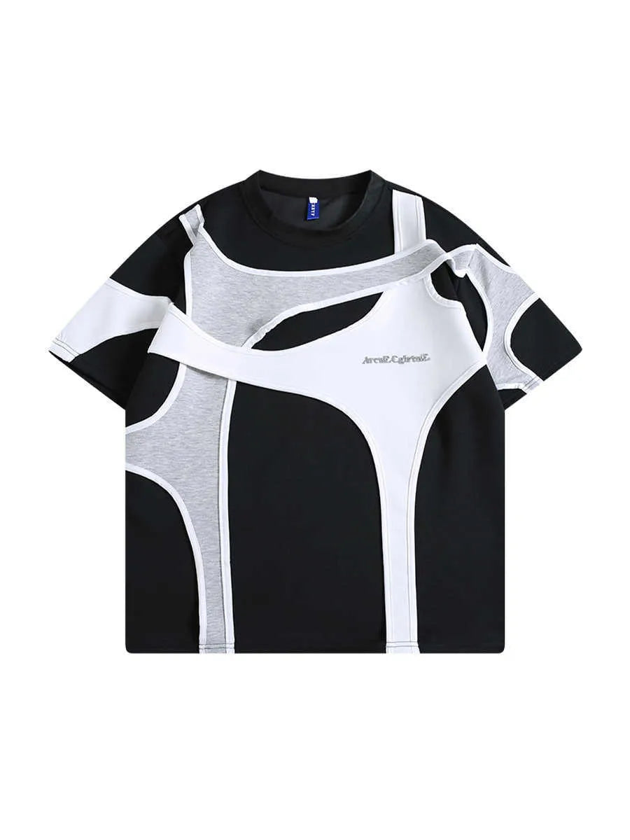 Men's black loose-fit T-shirt showing padded shoulder detail with double-layer stitching construction