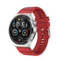 Black smartwatch with 46mm case on silicone strap showing heart rate monitoring display
